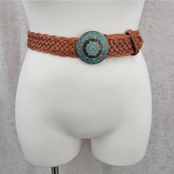 Buckle Braided Woven Tan Leather Belt with Decorative Brass Toned Buckle - Picture 1 of 14